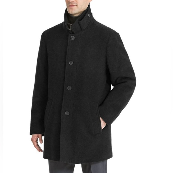 Calvin Klein Men’s Black Wool Blend Coat Collard Bib zip up & Button closure 44S